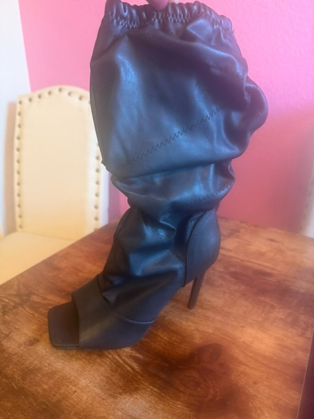 Black Peek-Toe Slouch Mid Calf Boot